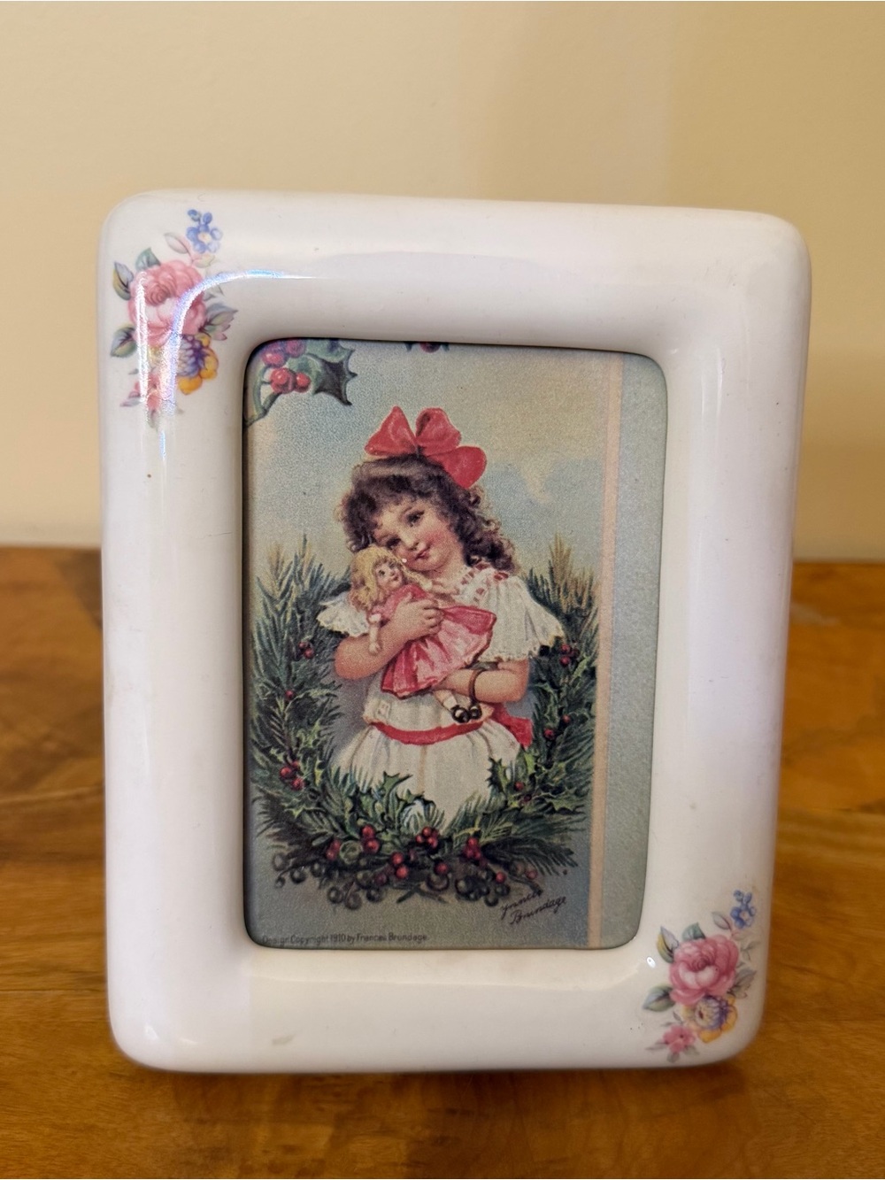 White Porcelain Floral Picture Frame with Pink Rose Accents